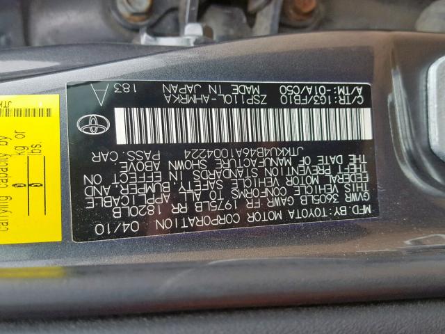 JTKKU4B46A1004224 - 2010 TOYOTA SCION XD GRAY photo 10