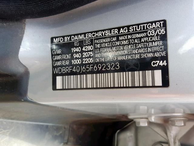 WDBRF40J65F692323 - 2005 MERCEDES-BENZ C 230K SPO SILVER photo 10