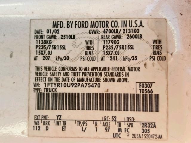 1FTYR10U92PA75470 - 2002 FORD RANGER WHITE photo 10