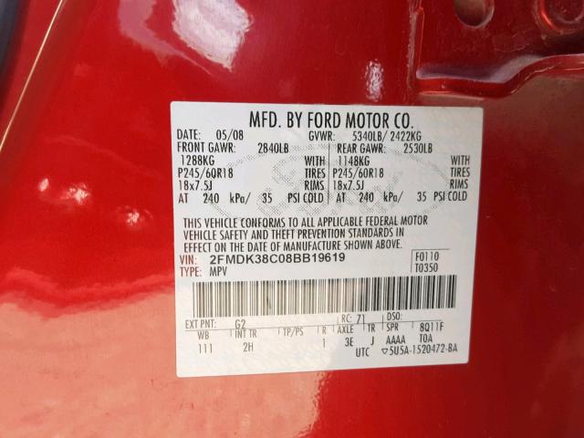 2FMDK38C08BB19619 - 2008 FORD EDGE SEL RED photo 10