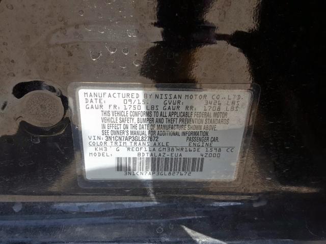 3N1CN7AP3GL827672 - 2016 NISSAN VERSA S  photo 10