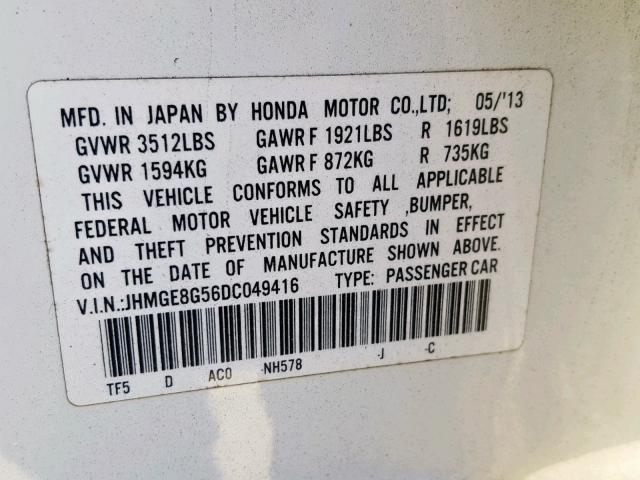 JHMGE8G56DC049416 - 2013 HONDA FIT SPORT WHITE photo 10