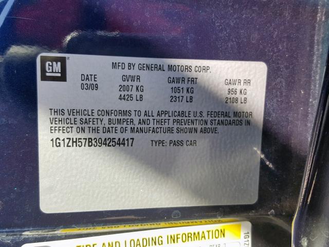 1G1ZH57B394254417 - 2009 CHEVROLET MALIBU 1LT ლურჯი ფოტო 10