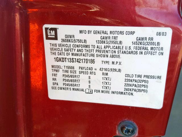 1GKDT13S742170186 - 2004 GMC ENVOY RED photo 10