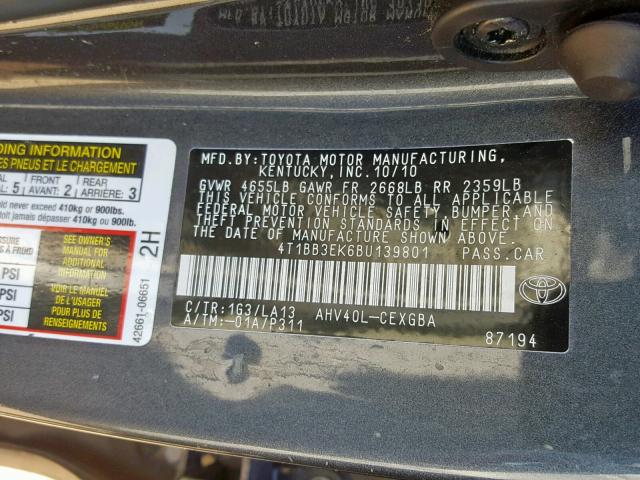 4T1BB3EK6BU139801 - 2011 TOYOTA CAMRY HYBR GRAY photo 10