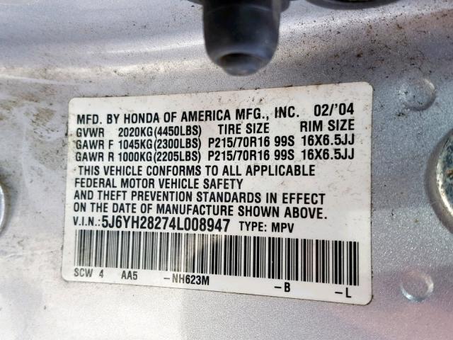 5J6YH28274L008947 - 2004 HONDA ELEMENT DX SILVER photo 10