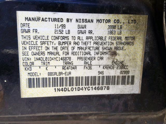 1N4DL01D4YC146878 - 2000 NISSAN ALTIMA XE BLACK photo 10