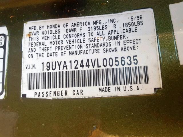 19UYA1244VL005635 - 1997 ACURA 2.2CL أخضر صورة 10