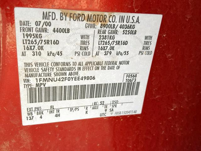 1FMNU42F0YEE49806 - 2000 FORD EXCURSION RED photo 10