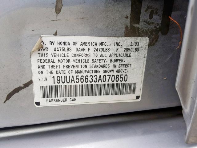 19UUA56633A070650 - 2003 ACURA 3.2TL SILVER photo 10