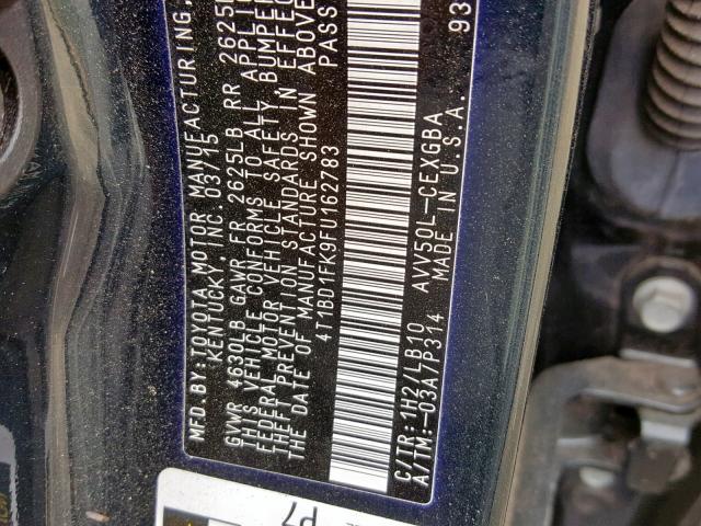 4T1BD1FK9FU162783 - 2015 TOYOTA CAMRY HYBR BLUE photo 10