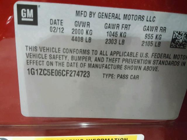 1G1ZC5E06CF274723 - 2012 CHEVROLET MALIBU 1LT RED photo 10