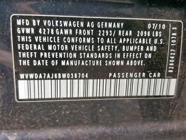 WVWDA7AJ6BW038704 - 2011 VOLKSWAGEN GOLF 蓝色 照片 10