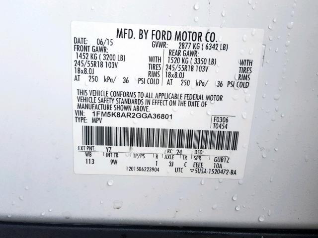 1FM5K8AR2GGA36801 - 2016 FORD EXPLORER P WHITE photo 10