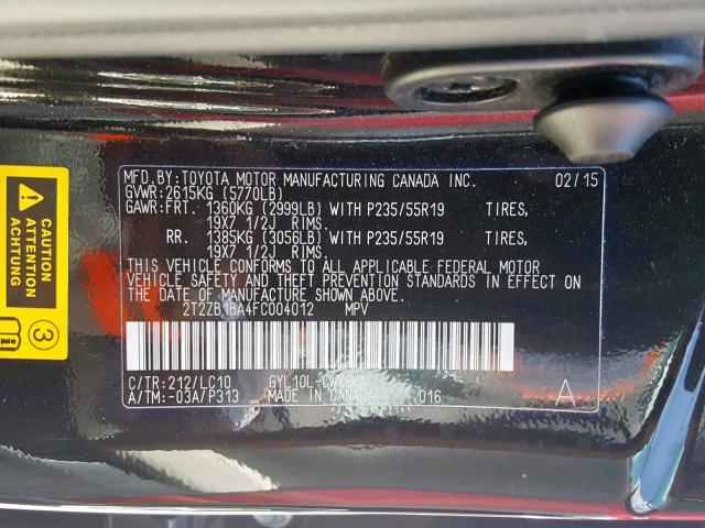 2T2ZB1BA4FC004012 - 2015 LEXUS RX 450H BLACK photo 10