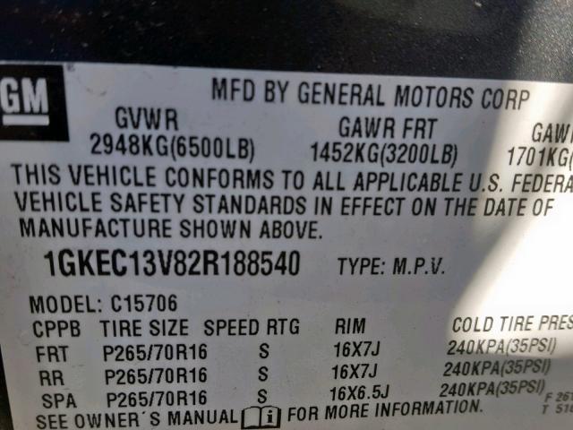 1GKEC13V82R188540 - 2002 GMC YUKON GRAY photo 10