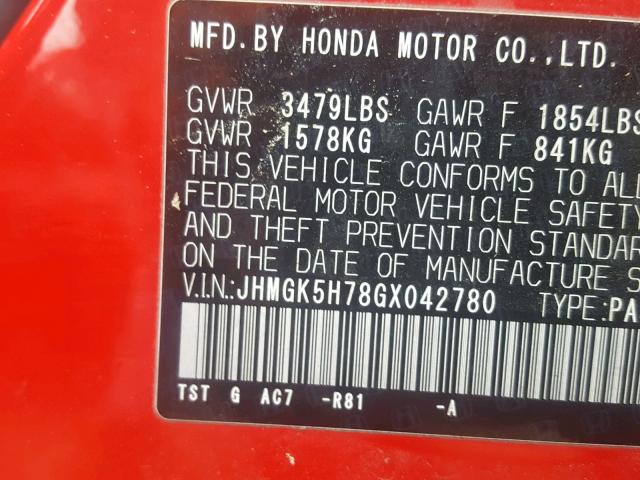 JHMGK5H78GX042780 - 2016 HONDA FIT EX RED photo 10