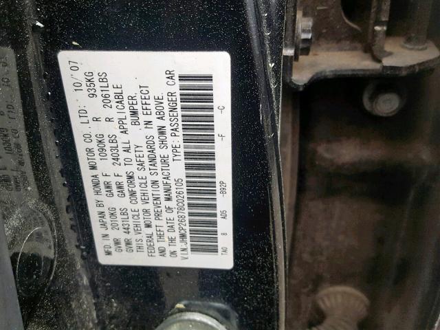 JHMCP26878C026105 - 2008 HONDA ACCORD EXL BLACK photo 10