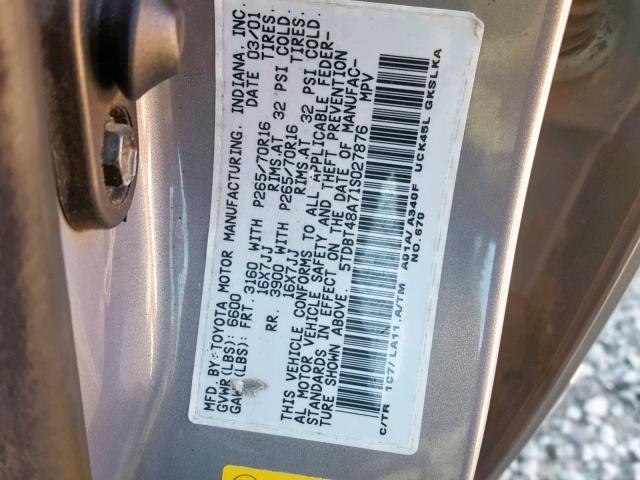 5TDBT48A71S027876 - 2001 TOYOTA SEQUOIA LI SILVER photo 10