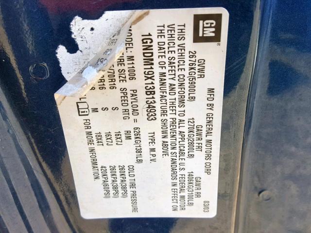 1GNDM19X13B134933 - 2003 CHEVROLET ASTRO BLUE photo 10