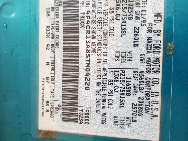 4F4CR13A8STM04220 - 1995 MAZDA B2300 TURQUOISE photo 10