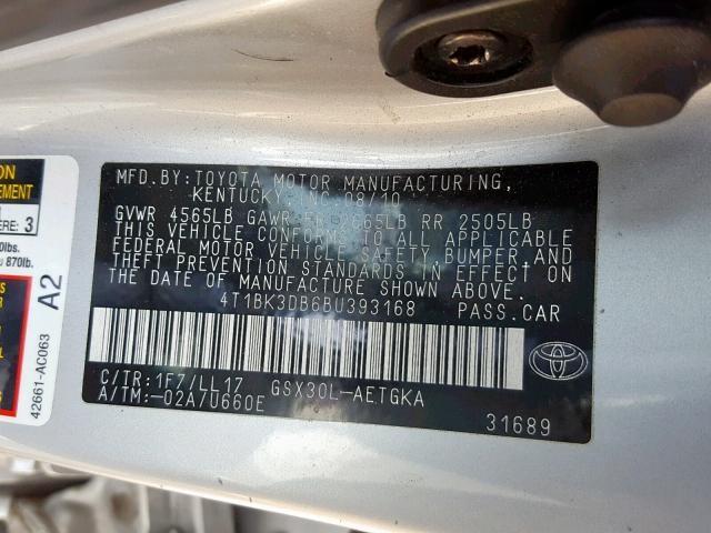 4T1BK3DB6BU393168 - 2011 TOYOTA AVALON BAS SILVER photo 10