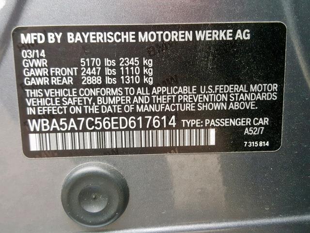 WBA5A7C56ED617614 - 2014 BMW 528 XI GRAY photo 10