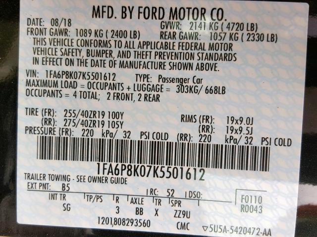 1FA6P8K07K5501612 - 2019 FORD MUSTANG BU GREEN photo 10