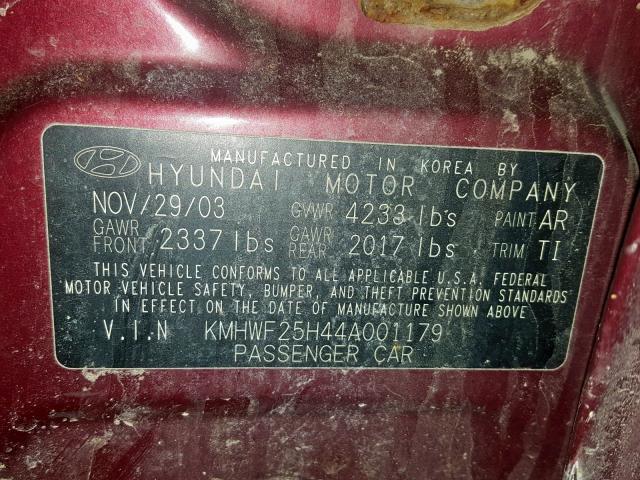 KMHWF25H44A001179 - 2004 HYUNDAI SONATA GL MAROON photo 10