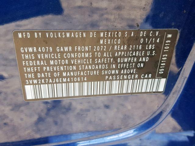 3VW2K7AJ6EM410614 - 2014 VOLKSWAGEN JETTA BASE BLUE photo 10