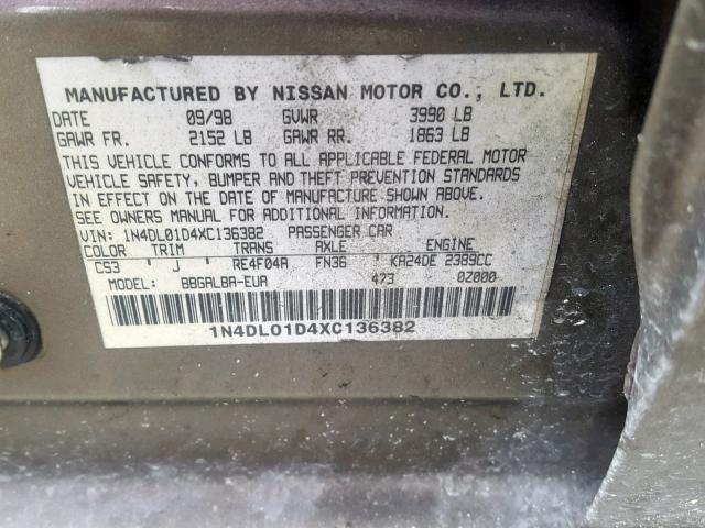 1N4DL01D4XC136382 - 1999 NISSAN ALTIMA XE TAN photo 10