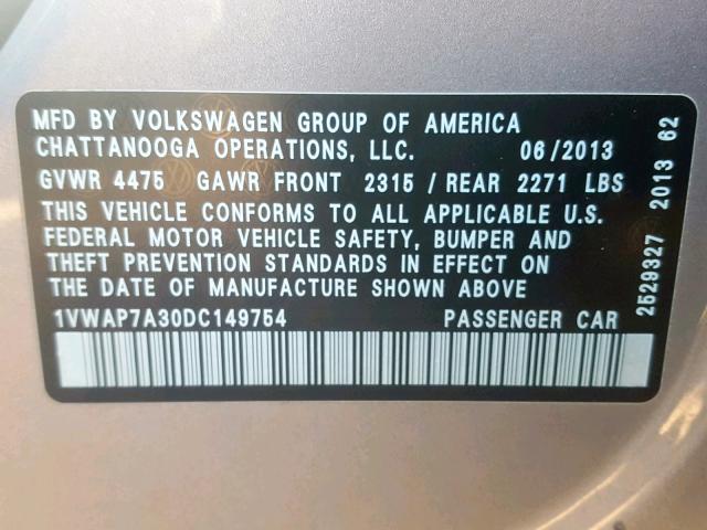 1VWAP7A30DC149754 - 2013 VOLKSWAGEN PASSAT S SILVER photo 10