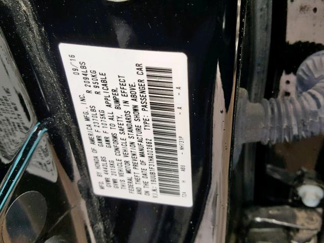 19UUB1F31HA003662 - 2017 ACURA TLX BLACK photo 10