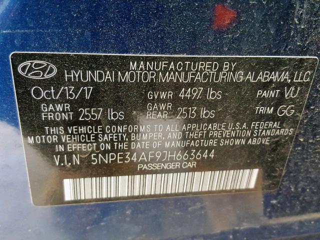 5NPE34AF9JH663644 - 2018 HYUNDAI SONATA SPO BLUE photo 10