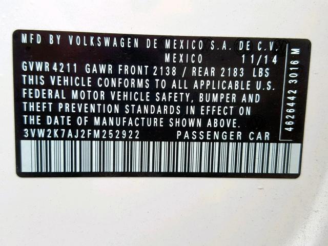 3VW2K7AJ2FM252922 - 2015 VOLKSWAGEN JETTA BASE WHITE photo 10