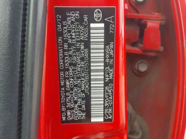 JTDKDTB31C1510488 - 2012 TOYOTA PRIUS C RED photo 10