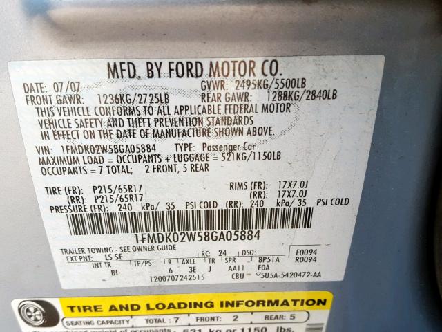 1FMDK02W58GA05884 - 2008 FORD TAURUS X S BLUE photo 10