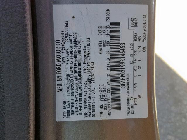 3FAHP02199R146453 - 2009 FORD FUSION SEL GRAY photo 10