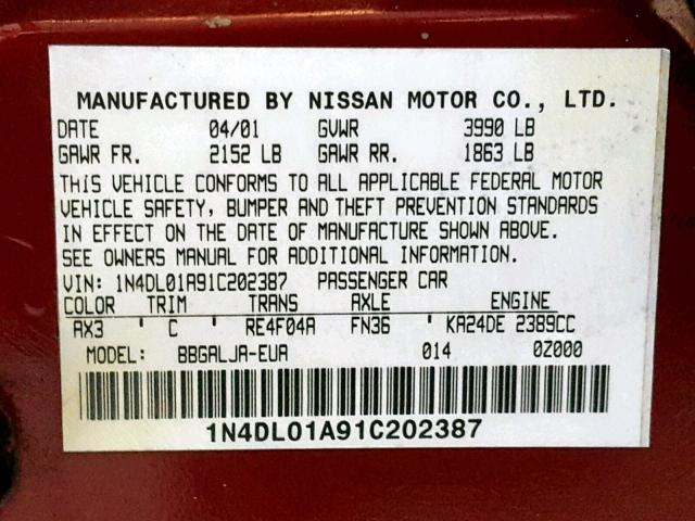 1N4DL01A91C202387 - 2001 NISSAN ALTIMA GXE MAROON photo 10