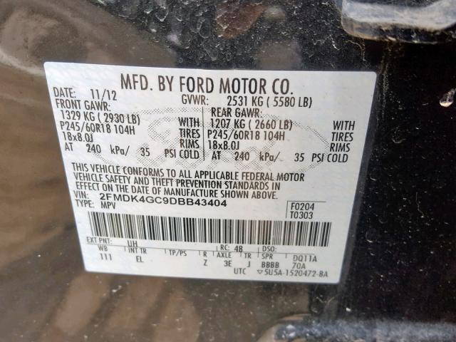 2FMDK4GC9DBB43404 - 2013 FORD EDGE SE BLACK photo 10