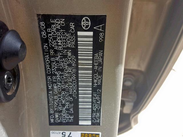 JTDKB20U997818929 - 2009 TOYOTA PRIUS GOLD photo 10