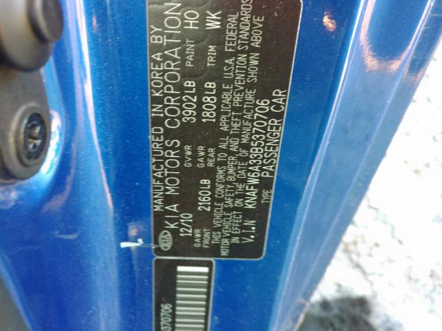 KNAFW6A33B5370706 - 2011 KIA FORTE SX BLUE photo 10