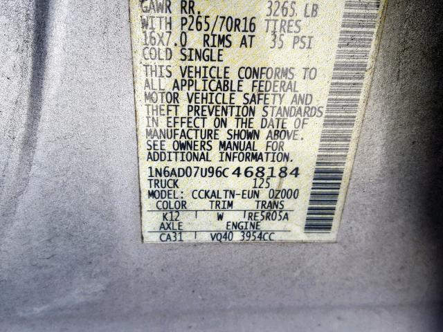 1N6AD07U96C468184 - 2006 NISSAN FRONTIER C SILVER photo 10