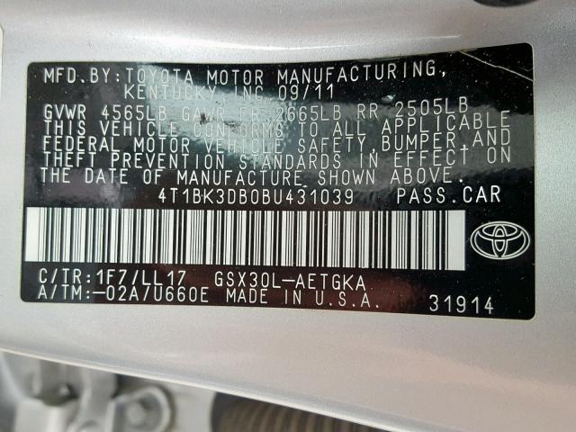 4T1BK3DB0BU431039 - 2011 TOYOTA AVALON BAS SILVER photo 10