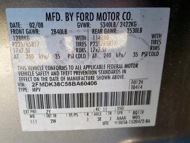 2FMDK38C58BA60406 - 2008 FORD EDGE SEL GRAY photo 10