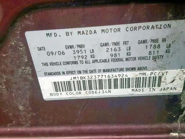 JM1BK323771634924 - 2007 MAZDA 3 S PURPLE photo 9