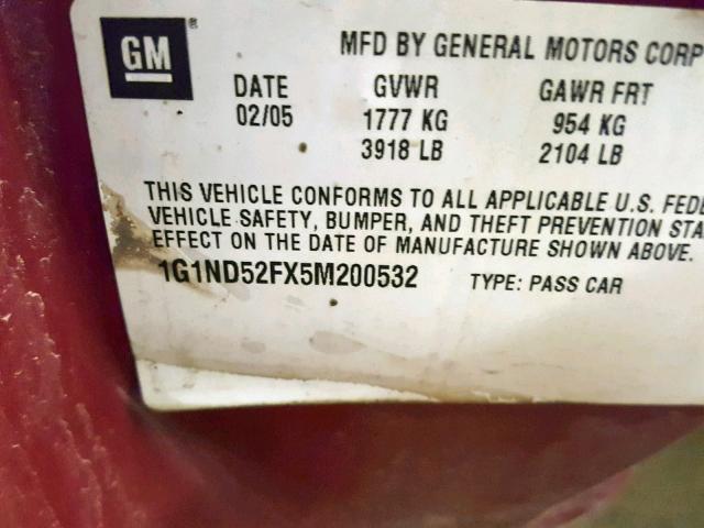 1G1ND52FX5M200532 - 2005 CHEVROLET CLASSIC MAROON photo 10