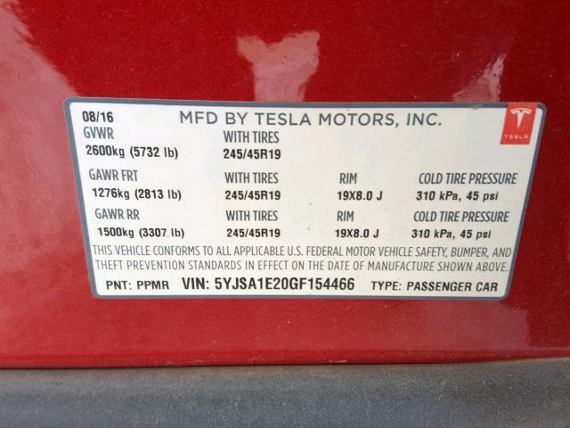 5YJSA1E20GF154466 - 2016 TESLA MODEL S წითელი ფოტო 10