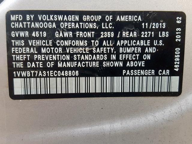 1VWBT7A31EC048806 - 2014 VOLKSWAGEN PASSAT SE SILVER photo 10