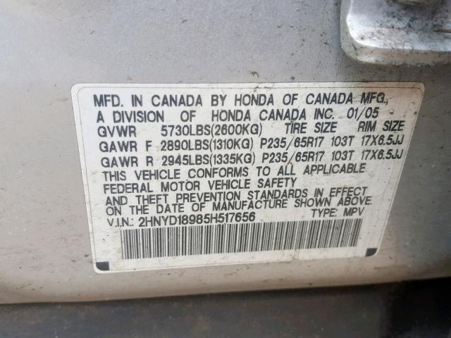 2HNYD18985H517656 - 2005 ACURA MDX TOURIN GRAY photo 10